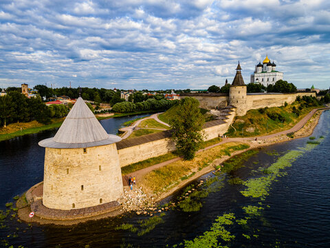 Aerial of the Kremlin of Pskov, UNESCO World Heritage Site, Pskov