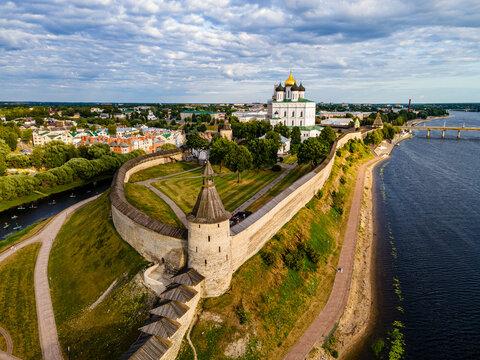 Aerial of the Kremlin of Pskov, UNESCO World Heritage Site, Pskov