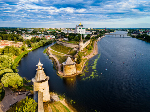 Aerial of the Kremlin of Pskov, UNESCO World Heritage Site, Pskov