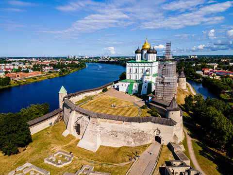 Aerial of the Kremlin and the Trinity Cathedral in Pskov, UNESCO World Heritage Site, Pskov