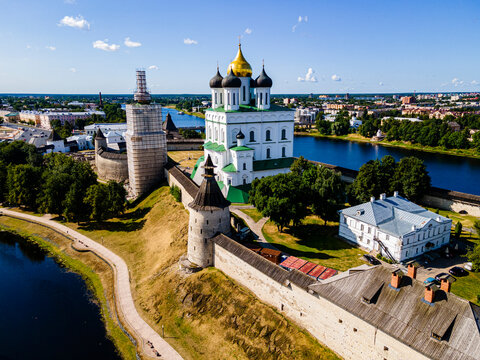 Aerial of the Kremlin and the Trinity Cathedral in Pskov, UNESCO World Heritage Site, Pskov