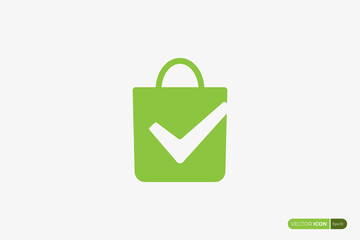 Green Shopping Bag Icon with Negative Space Check Mark inside isolated on White Background. Flat Vector Icon Design Template Element for Retail and Online Store Needs.