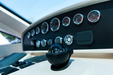 Detail of dashboard instruments on yacht