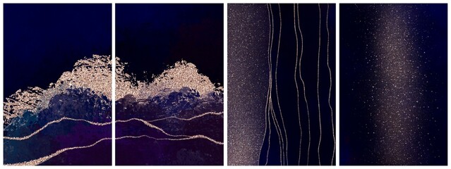 Set of elegant decorative templates with stars, hills and glitter, dark blue, purple with golden sparkles, set of four interior abstract paintings, trendy luxurious minimalistic posters collection 