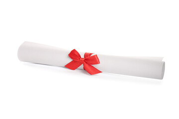 Rolled student's diploma with red ribbon isolated on white