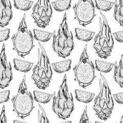 Vector hand drawn seamless pattern of pitaya. Dragon fruit illustration. Delicious tropical vegetarian pattern.