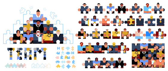 Puzzle set with details  of people figures. Multiethnic people group  standing together and Pyramid figure. Puzzle detail. Team and teamwork. Business. Friendship. Cubism, geometrical, minimal style. - obrazy, fototapety, plakaty