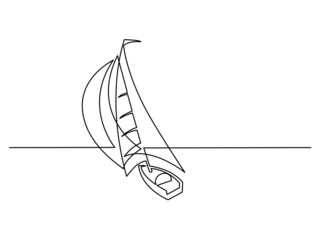 Sailboat under full sail at sea. Sailing logo. Continuous one line drawing.