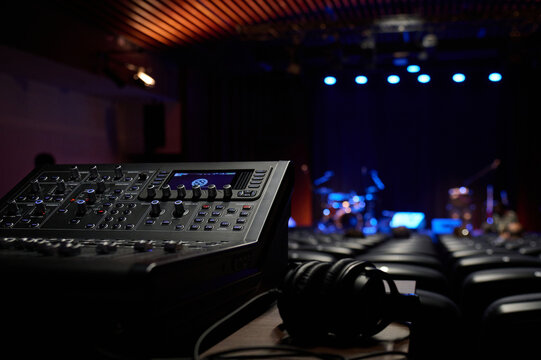 Modern mixing console in studio
