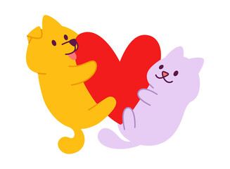 Cute cat and dog hugging heart vector illustration. Simple flat animal concept for valentines or veterinarian card