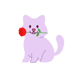 Cute cartoon sitting cat with flower rose in mouth vector illustration
