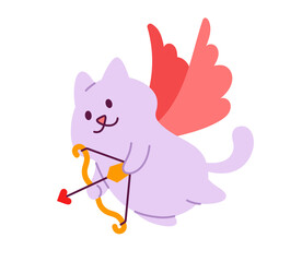 Funny cute cupid cat with wings and bow with heart arrow vector illustration for valentine's day or wedding greeting card