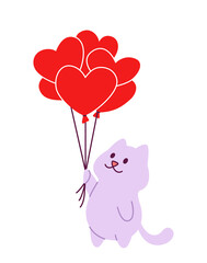 Cute cat holding balloons in the form of hearts vector illustration for valentine's day card