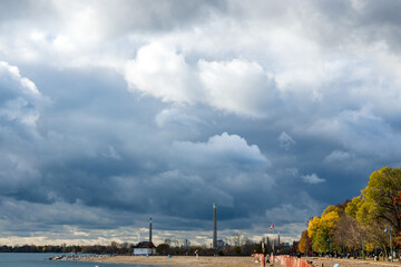 Fototapeta na wymiar Clouds over the public beaches of Toronto's Beaches neighbourhood shot in November.