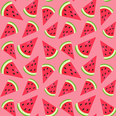 Funny seamless pattern with colorful watermelon pieces. Red, pink and green colors. Positive summer mood. Endless design. Print for textile, clothes, gift wrap, cards, design and decor. 