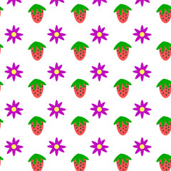 Pattern with strawberries and a flower on a white background.
