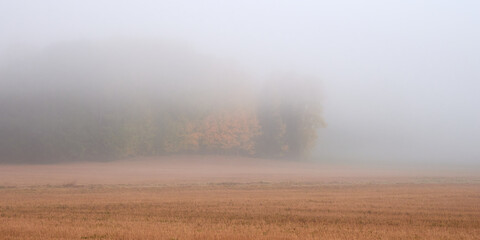 Fototapeta na wymiar Fog in Tuusula in Finland: fields, forest, autumn colors, no people.