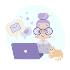 Happy grandmother with laptop and cat. Vector flat illustration isolated on white background.