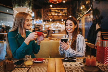 Two best friends sitting in coffee bar or restaurant after shopping and happily talking together.