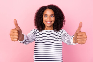 Photo of pretty cheerful girl show two hands thumbs up isolated on pink color background