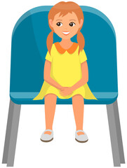 Cute girl sitting on chair and watching show isolated on white background. Little female character in viewer seat looking at performance. Toddler in audience, spectator sitting on viewer place