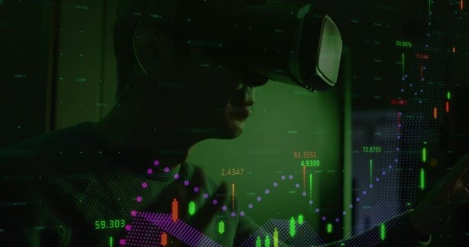 Animation of data over asian male it engineer with vr headset by computer server