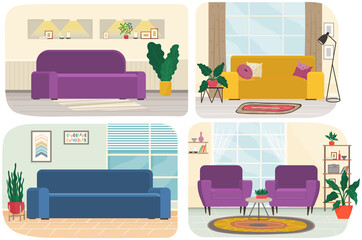 Set of illustrations on theme of interior design decoration and layout of living room. Arrangement of furniture and installation of sofa at home with various accessories in kitchen and sitting-room