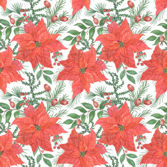 Watercolor painting seamless pattern withred poinsettia flowers and fir, cedar tree, red berries. Winter christmas background