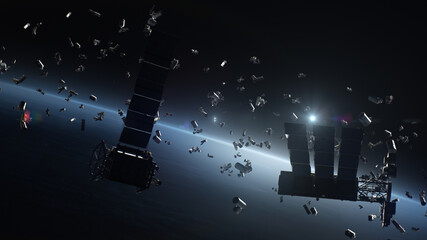 3D Render of space debris around planet Earth © Framestock