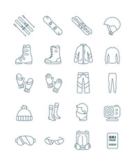 Outline set ski and snowboard equipment kit clothes vector icons for web design isolated on white background - obrazy, fototapety, plakaty