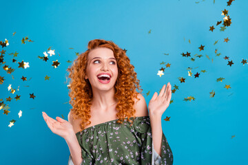 Photo of crazy orange hairdo lady look empty space decor wear dress isolated on blue color background