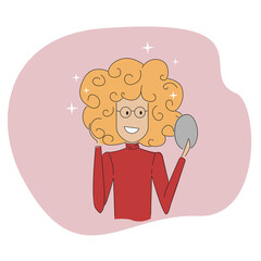 A girl with a beautiful hairstyle looks in the mirror.