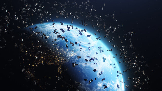 3D Render of space debris around planet Earth