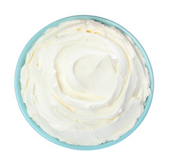 Bowl of tasty cream cheese isolated on white, top view