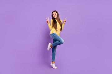 Fototapeta na wymiar Full size photo of young cheerful girl have fun show fingers peace v-symbol isolated over violet color background