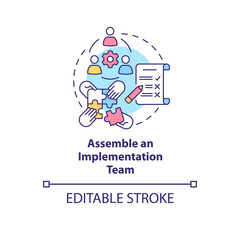 Fototapeta premium Assemble an implementation team concept icon. Build collaborative relationships. Execution program support abstract idea thin line illustration. Vector isolated outline color drawing. Editable stroke