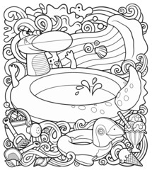 Cartoon cute doodles hand drawn summer beach children's entertainment illustration.