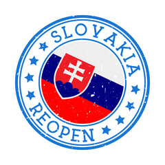 Slovakia Reopening Stamp. Round badge of country with flag of Slovakia. Reopening after lock-down sign. Vector illustration.