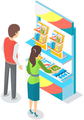Man buys books from woman near bookstore. Businesswoman sells books to readers in shop or exhibition. Woman works and shows literature in institution. Buyers stand near stand with printing products