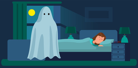 Ghosts in a dream. Girl s fantasy with frightened expression imagining very scary big monster from under bed in bedroom at night. Fear of darkness. Woman and spooky white ghost from nightmare © robu_s