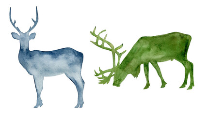 Watercolor silhouettes of deer and doe.
