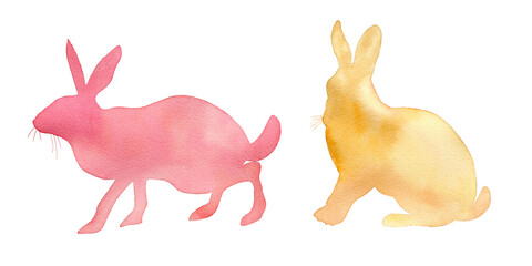 Watercolor rabbits silhouettes on a white background.
