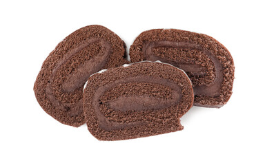 Slices of tasty chocolate cake roll with cream on white background, top view