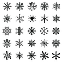 Big set of black vector snowflake icons on a white background. Winter decorative elements 