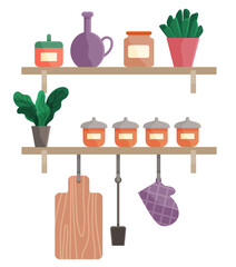 Kitchen cook tools and restaurant equipment on shelves. Kitchen shelf with kitchenware and utensil, vector illustration. Two shelves with bowls, bottles, and other accessories, decorative plants