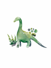 Baby Dinosaur poster. Cute brachiosaurus cartoon isolated illustration. Watercolor
