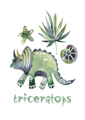 Baby Dinosaur poster. Cute stegosaurus cartoon isolated illustration. Watercolor