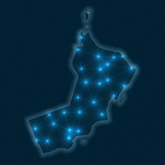 Oman network map. Abstract geometric map of the country. Digital connections and telecommunication design. Glowing internet network. Neat vector illustration.