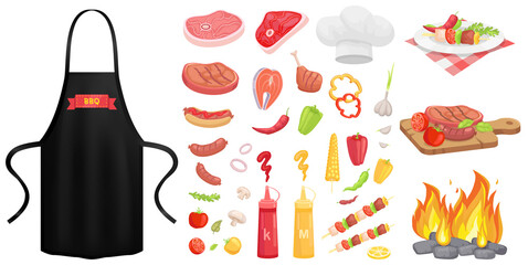 Protective garment for cooking near food icons. Safety clothing for barbecue cookery. Apparel for grilling. Apron with barbecue restaurant logo image. Apron for cooking and protection of clothes