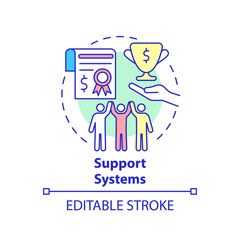 Support systems concept icon. Social entrepreneurship abstract idea thin line illustration. Build business credibility. Attract investors. Vector isolated outline color drawing. Editable stroke